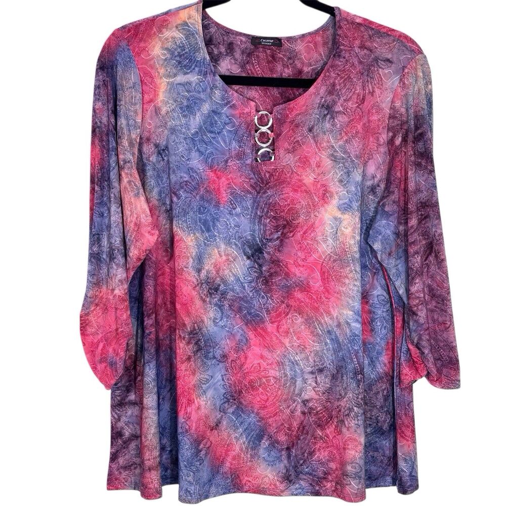 Cocomo Textured Popover Blouse Top Ruched Sleeve Casual Blue Red Pink Women’s 2X